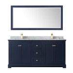 72 Inch Double Bathroom Vanity in Dark Blue, White Carrara Marble Countertop, Sinks, 70 Inch Mirror
