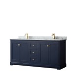 72 Inch Double Bathroom Vanity in Dark Blue, White Carrara Marble Countertop, Sinks, No Mirror