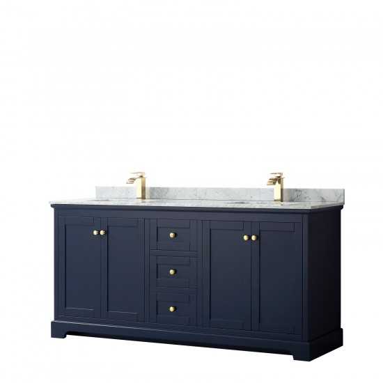 72 Inch Double Bathroom Vanity in Dark Blue, White Carrara Marble Countertop, Sinks, No Mirror