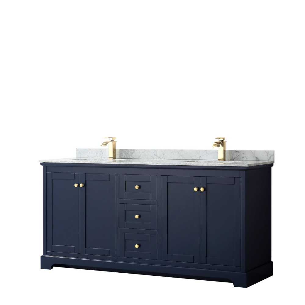 72 Inch Double Bathroom Vanity in Dark Blue, White Carrara Marble Countertop, Sinks, No Mirror