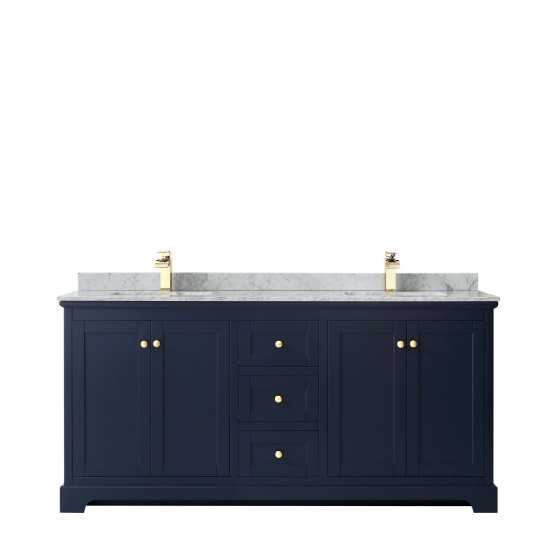 72 Inch Double Bathroom Vanity in Dark Blue, White Carrara Marble Countertop, Sinks, No Mirror