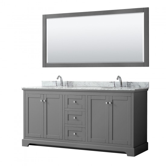 72 Inch Double Bathroom Vanity in Dark Gray, White Carrara Marble Countertop, Oval Sinks, 70 Inch Mirror