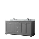 72 Inch Double Bathroom Vanity in Dark Gray, White Carrara Marble Countertop, Oval Sinks, No Mirror