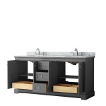 72 Inch Double Bathroom Vanity in Dark Gray, White Carrara Marble Countertop, Oval Sinks, No Mirror