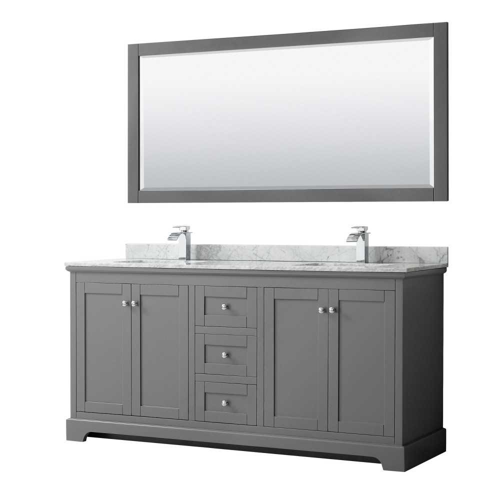 72 Inch Double Bathroom Vanity in Dark Gray, White Carrara Marble Countertop, Sinks, 70 Inch Mirror