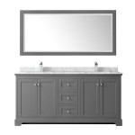 72 Inch Double Bathroom Vanity in Dark Gray, White Carrara Marble Countertop, Sinks, 70 Inch Mirror