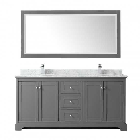 72 Inch Double Bathroom Vanity in Dark Gray, White Carrara Marble Countertop, Sinks, 70 Inch Mirror