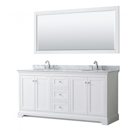 72 Inch Double Bathroom Vanity in White, White Carrara Marble Countertop, Oval Sinks, 70 Inch Mirror