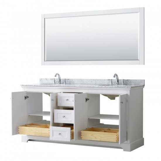 72 Inch Double Bathroom Vanity in White, White Carrara Marble Countertop, Oval Sinks, 70 Inch Mirror