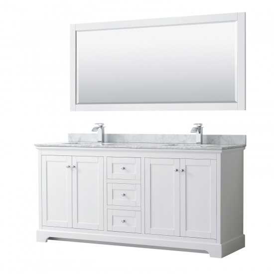 72 Inch Double Bathroom Vanity in White, White Carrara Marble Countertop, Sinks, 70 Inch Mirror