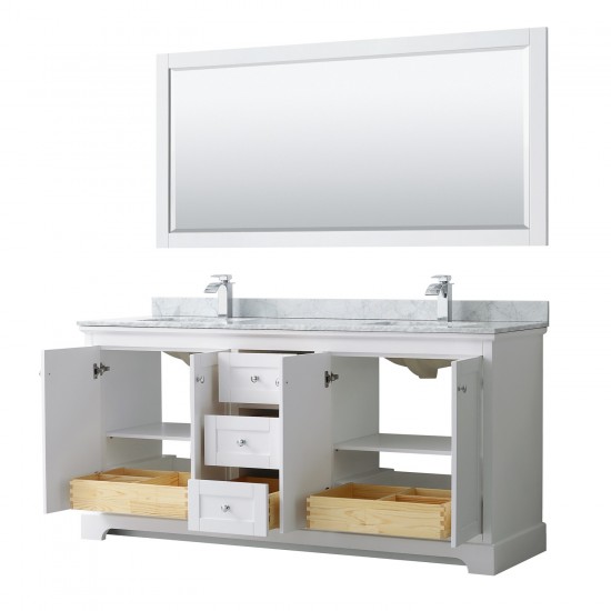 72 Inch Double Bathroom Vanity in White, White Carrara Marble Countertop, Sinks, 70 Inch Mirror