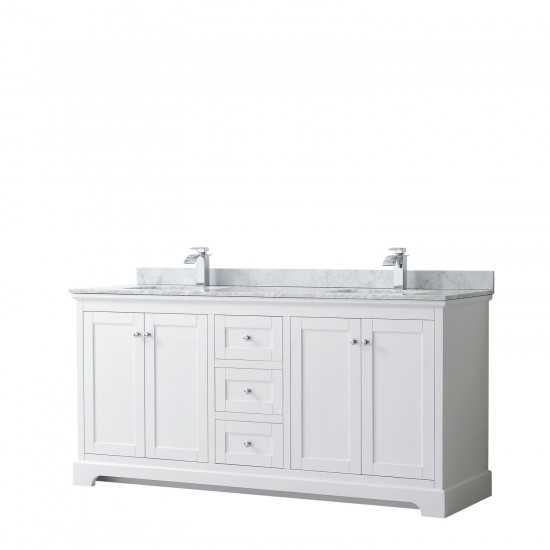 72 Inch Double Bathroom Vanity in White, White Carrara Marble Countertop, Sinks, No Mirror