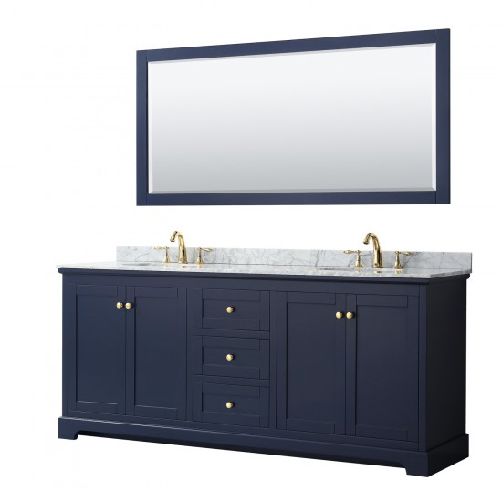 80 Inch Double Bathroom Vanity in Dark Blue, White Carrara Marble Countertop, Oval Sinks, 70 Inch Mirror