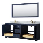 80 Inch Double Bathroom Vanity in Dark Blue, White Carrara Marble Countertop, Oval Sinks, 70 Inch Mirror