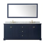 80 Inch Double Bathroom Vanity in Dark Blue, White Carrara Marble Countertop, Oval Sinks, 70 Inch Mirror