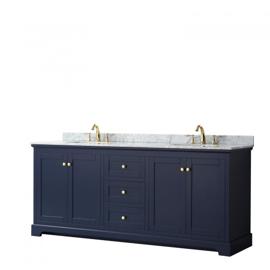 80 Inch Double Bathroom Vanity in Dark Blue, White Carrara Marble Countertop, Oval Sinks, No Mirror