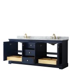 80 Inch Double Bathroom Vanity in Dark Blue, White Carrara Marble Countertop, Oval Sinks, No Mirror