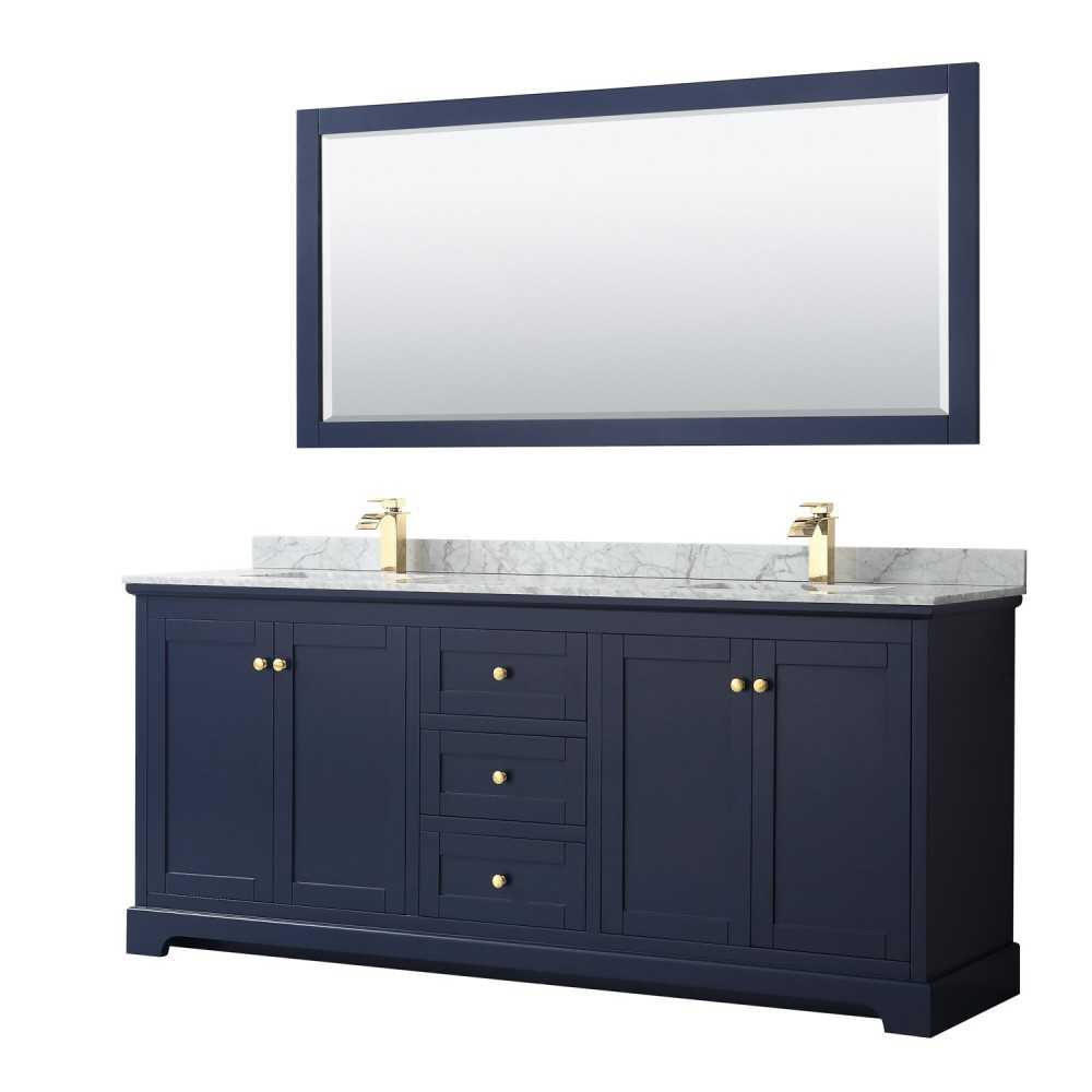 80 Inch Double Bathroom Vanity in Dark Blue, White Carrara Marble Countertop, Sinks, 70 Inch Mirror