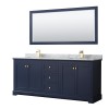 80 Inch Double Bathroom Vanity in Dark Blue, White Carrara Marble Countertop, Sinks, 70 Inch Mirror