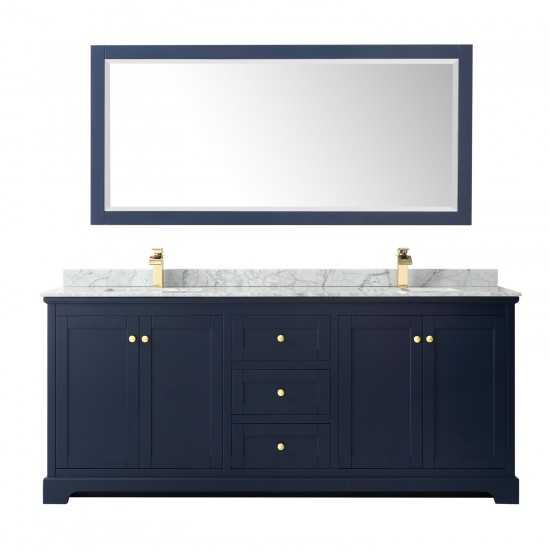 80 Inch Double Bathroom Vanity in Dark Blue, White Carrara Marble Countertop, Sinks, 70 Inch Mirror