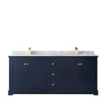 80 Inch Double Bathroom Vanity in Dark Blue, White Carrara Marble Countertop, Sinks, No Mirror