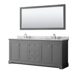 80 Inch Double Bathroom Vanity in Dark Gray, White Carrara Marble Countertop, Oval Sinks, 70 Inch Mirror