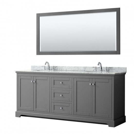 80 Inch Double Bathroom Vanity in Dark Gray, White Carrara Marble Countertop, Oval Sinks, 70 Inch Mirror