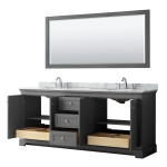 80 Inch Double Bathroom Vanity in Dark Gray, White Carrara Marble Countertop, Oval Sinks, 70 Inch Mirror