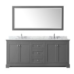 80 Inch Double Bathroom Vanity in Dark Gray, White Carrara Marble Countertop, Oval Sinks, 70 Inch Mirror