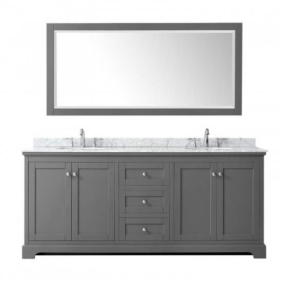 80 Inch Double Bathroom Vanity in Dark Gray, White Carrara Marble Countertop, Oval Sinks, 70 Inch Mirror