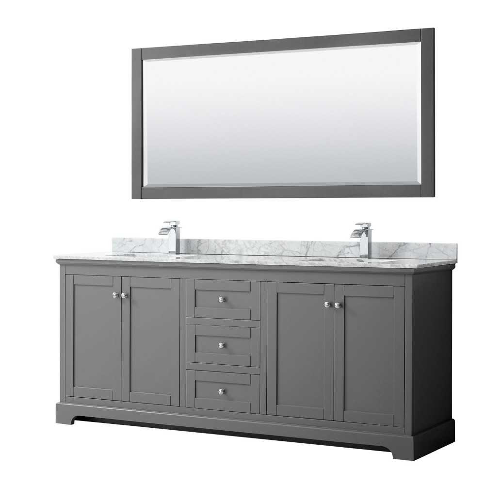 80 Inch Double Bathroom Vanity in Dark Gray, White Carrara Marble Countertop, Sinks, 70 Inch Mirror