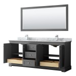 80 Inch Double Bathroom Vanity in Dark Gray, White Carrara Marble Countertop, Sinks, 70 Inch Mirror