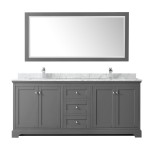 80 Inch Double Bathroom Vanity in Dark Gray, White Carrara Marble Countertop, Sinks, 70 Inch Mirror