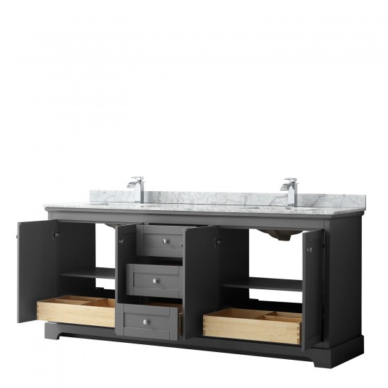 80 Inch Double Bathroom Vanity in Dark Gray, White Carrara Marble Countertop, Sinks, No Mirror