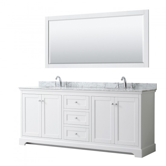 80 Inch Double Bathroom Vanity in White, White Carrara Marble Countertop, Oval Sinks, 70 Inch Mirror