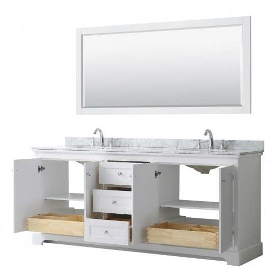 80 Inch Double Bathroom Vanity in White, White Carrara Marble Countertop, Oval Sinks, 70 Inch Mirror