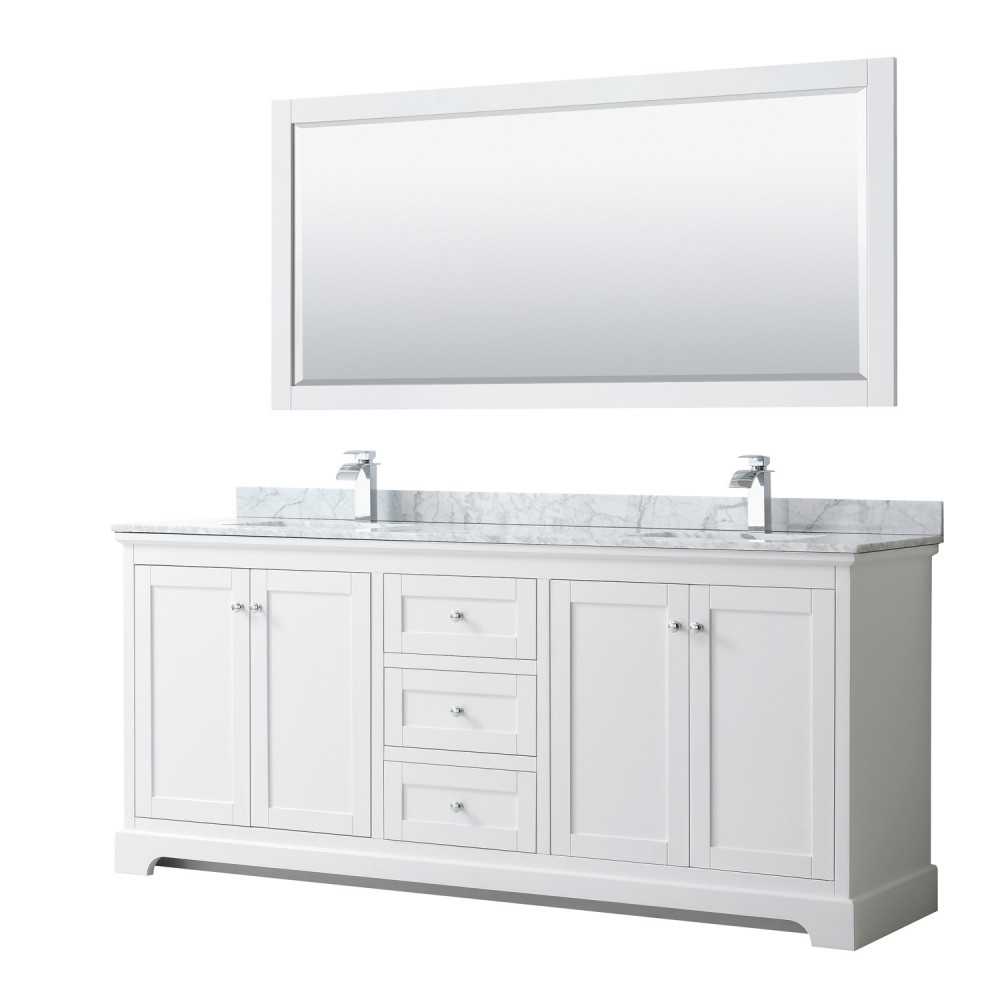 80 Inch Double Bathroom Vanity in White, White Carrara Marble Countertop, Sinks, 70 Inch Mirror