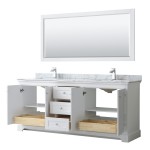 80 Inch Double Bathroom Vanity in White, White Carrara Marble Countertop, Sinks, 70 Inch Mirror