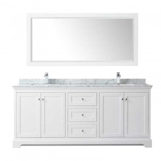 80 Inch Double Bathroom Vanity in White, White Carrara Marble Countertop, Sinks, 70 Inch Mirror