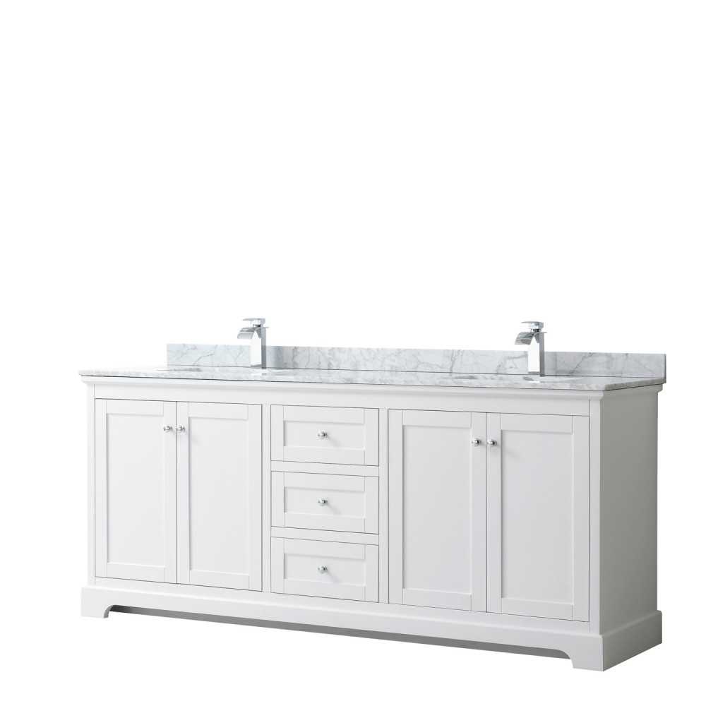 80 Inch Double Bathroom Vanity in White, White Carrara Marble Countertop, Sinks, No Mirror