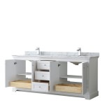 80 Inch Double Bathroom Vanity in White, White Carrara Marble Countertop, Sinks, No Mirror