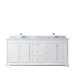 80 Inch Double Bathroom Vanity in White, White Carrara Marble Countertop, Sinks, No Mirror