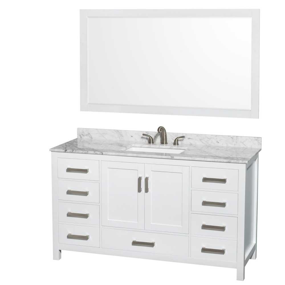 60 Inch Single Bathroom Vanity in White, White Carrara Marble Countertop, 3-Hole Sink, 58 Inch Mirror