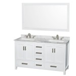 60 Inch Double Bathroom Vanity in White, White Carrara Marble Countertop, 3-Hole Sinks, 58 Inch Mirror