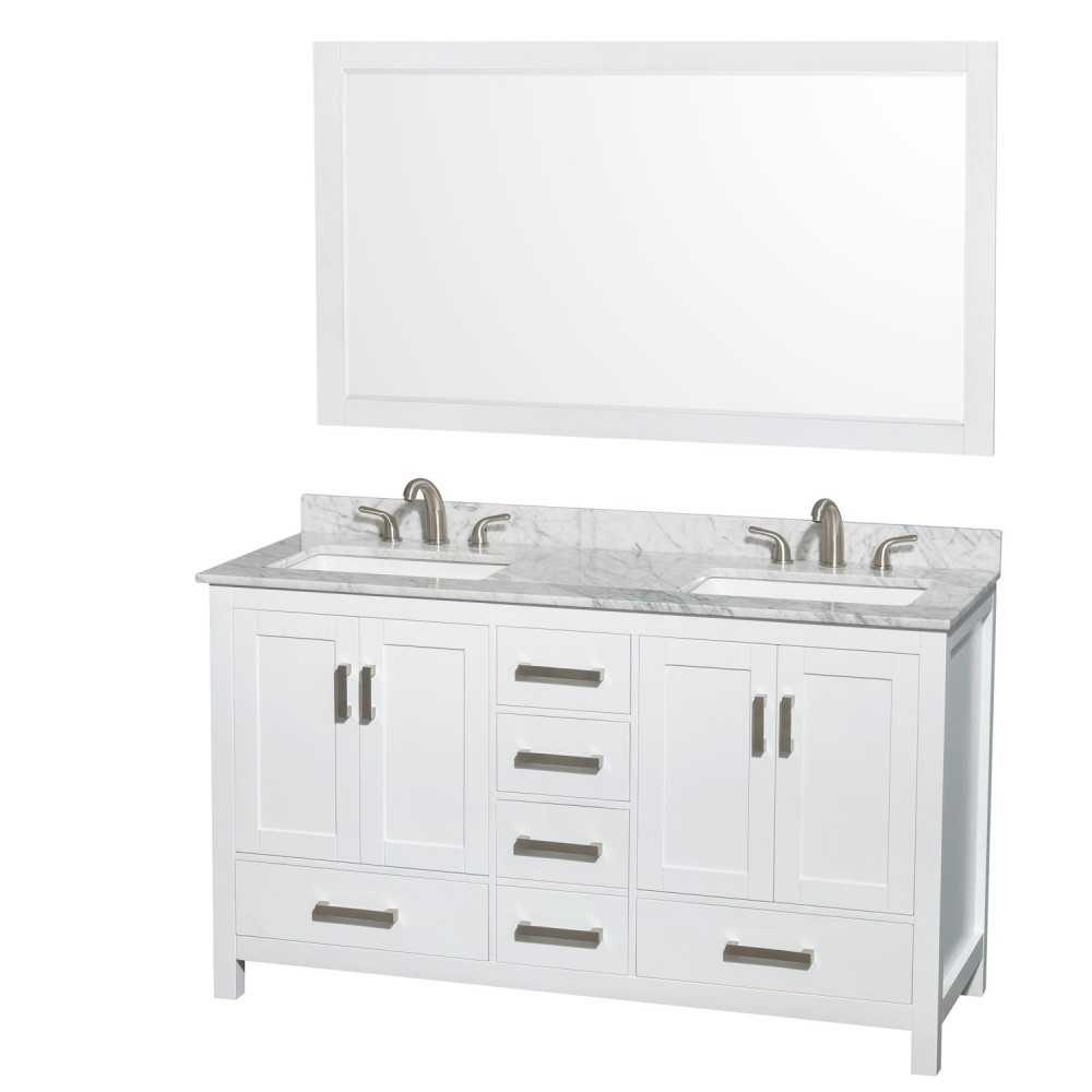 60 Inch Double Bathroom Vanity in White, White Carrara Marble Countertop, 3-Hole Sinks, 58 Inch Mirror