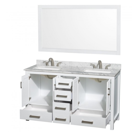 60 Inch Double Bathroom Vanity in White, White Carrara Marble Countertop, 3-Hole Sinks, 58 Inch Mirror