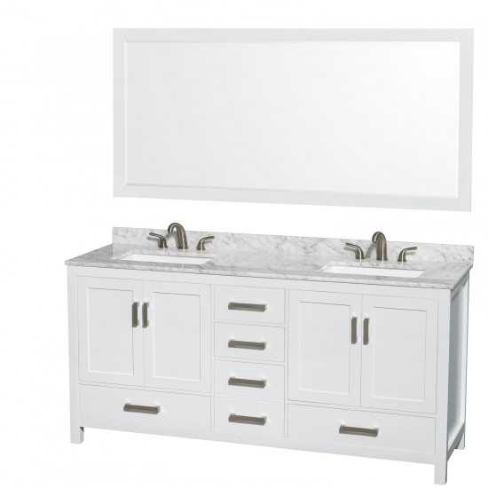 72 Inch Double Bathroom Vanity in White, White Carrara Marble Countertop, 3-Hole Sinks, 70 Inch Mirror