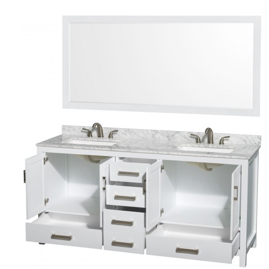 72 Inch Double Bathroom Vanity in White, White Carrara Marble Countertop, 3-Hole Sinks, 70 Inch Mirror