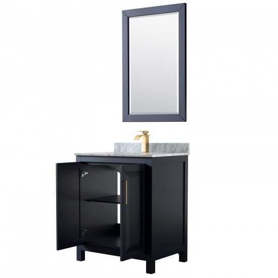 30 Inch Single Bathroom Vanity in Dark Blue, White Carrara Marble Countertop, Sink, 24 Inch Mirror