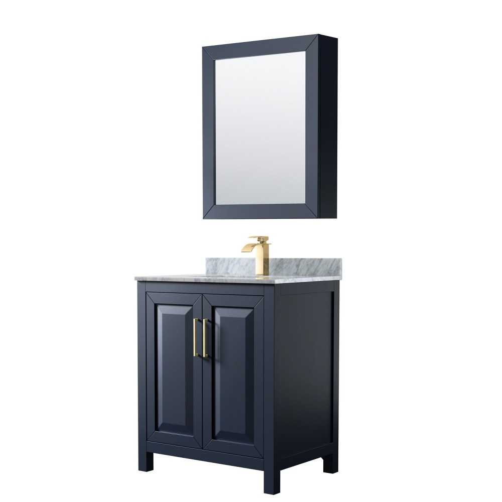 30 Inch Single Bathroom Vanity in Dark Blue, White Carrara Marble Countertop, Sink, Medicine Cabinet